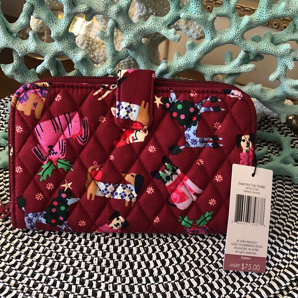 New with tag Vera Bradley Burgundy Quilted Wallet with Festive Dog Print